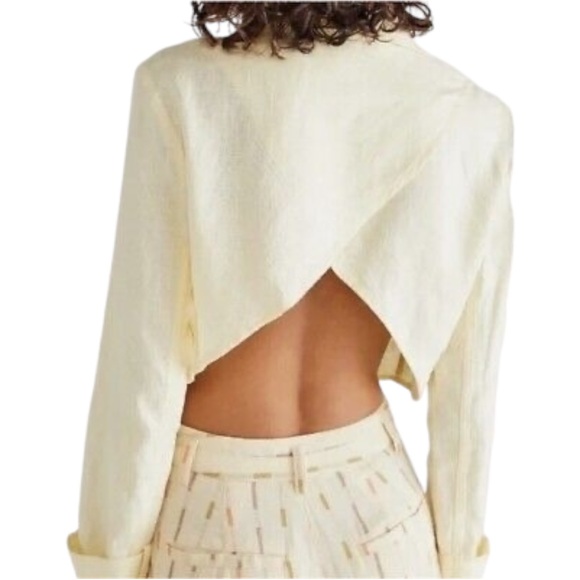 FREE PEOPLE Yellow Cropped Linen Ruffle Cross-Back Jacket Blazer, size XS - Picture 2 of 4
